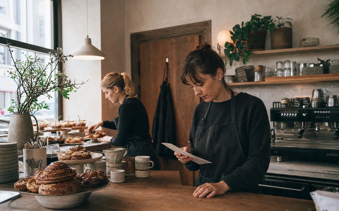 Two café employees prepare the counter before opening