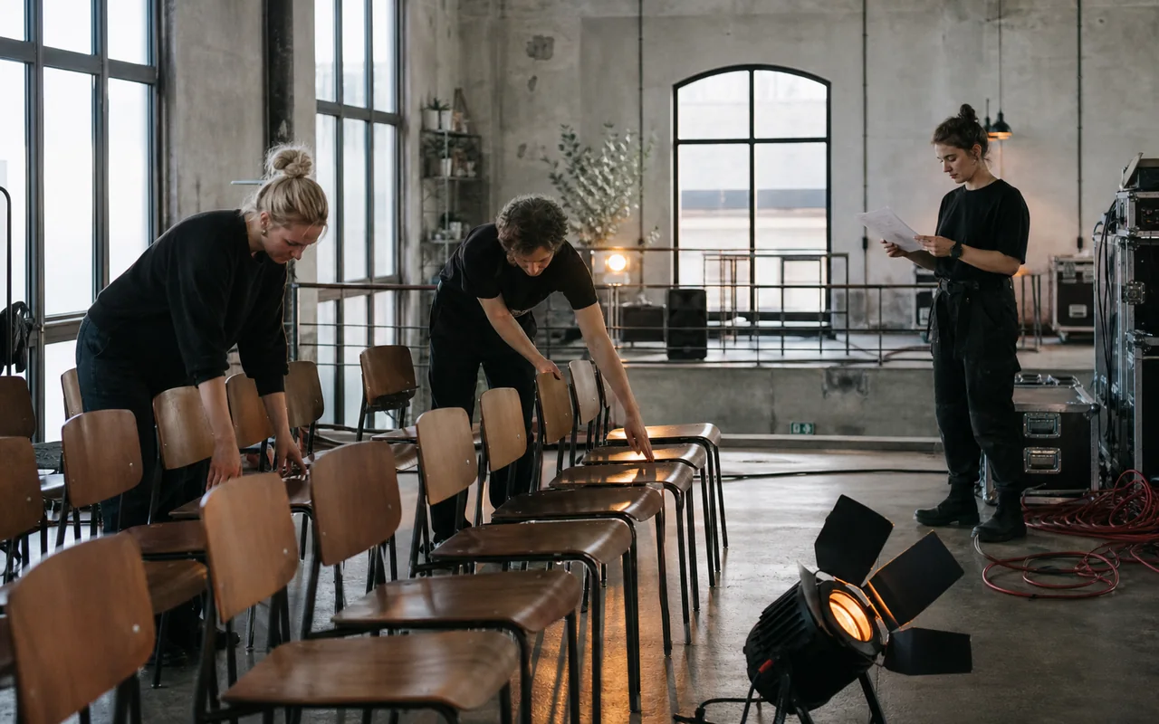 Eventcrew sets up chairs and lights in a venue