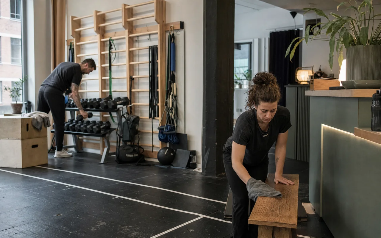 Two fitness employees prepare a training studio
