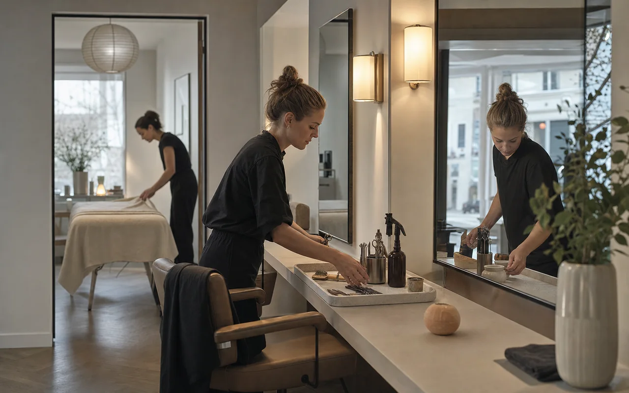 Two employees prepare the salon and treatment room