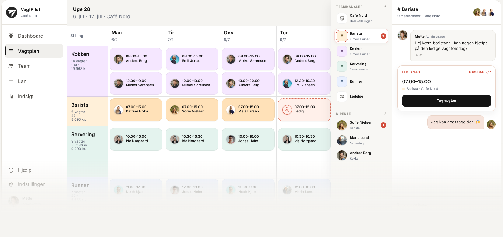 VagtPilot weekly schedule and team chat for Café Nord